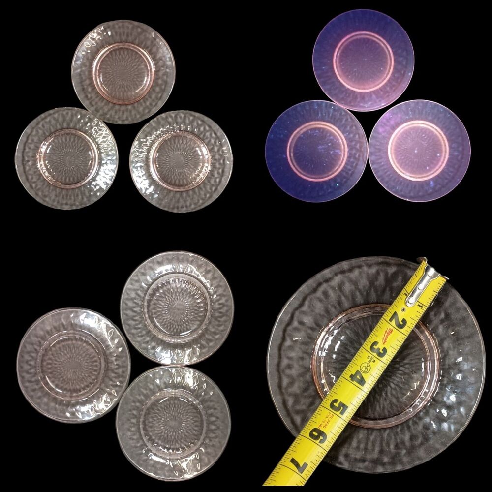 Vintage Set of 3 Jeanette Pink Glowing Glass Hex Optic Honeycomb Plate 365NM
